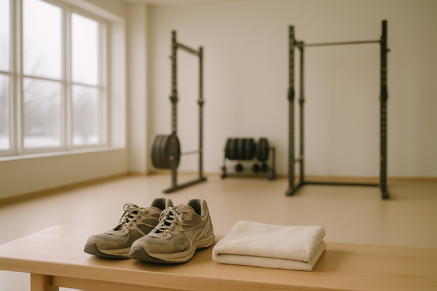 Well-used training shoes and a folded towel on a bench in a bright, empty gym on a winter morning